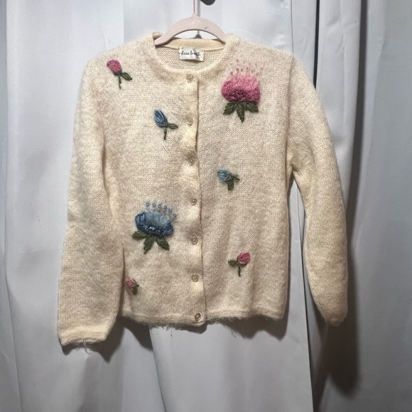 Jane Irwill Floral Embroidered Wool Sweater Medium Cream Knit Beaded Cotton - Picture 2 of 7